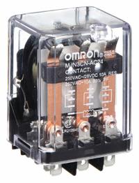 OMRON General Purpose Relay: Socket Mounted, 10 A Current Rating, 24V AC, 3PDT, 11 Pins/Terminals (MPN MJN3C-N-AC24). Key specifications — Brand: OMRON; Base Type: Square; Mounting Style: Plug-In; Pin Shape: Flat; Electrical Connection: Quick-Connect; Manufacturer Part Number: MJN3C-N-AC24; Series: MJN Series.