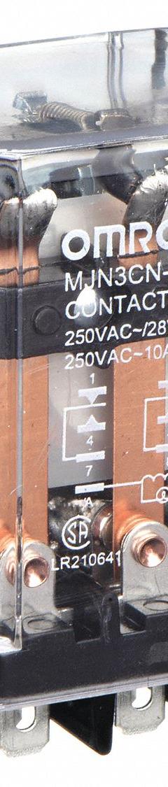 OMRON General Purpose Relay: Socket Mounted, 10 A Current Rating, 24V AC, 3PDT, 11 Pins/Terminals (MPN MJN3C-N-AC24). Key specifications — Brand: OMRON; Base Type: Square; Mounting Style: Plug-In; Pin Shape: Flat; Electrical Connection: Quick-Connect; Manufacturer Part Number: MJN3C-N-AC24; Series: MJN Series.