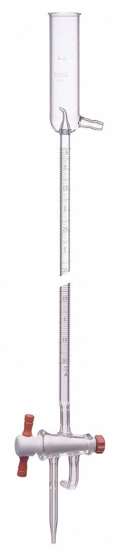 KIMBLE Straight Bore Buret: 25 mL, A, 580 mm, ±0.03 mL, 0.1 mL Inc, Borosilicate Glass (MPN 17054F-25). Key specifications — Closure Included: No; Tolerance: ±0.03 mL; Brand: KIMBLE; Body Material: Borosilicate Glass.