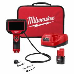 MILWAUKEE Inspection Camera: 480 x 272, 4 ft Shaft Lg, 0.32 in Shaft Dia, 10 mm Camera Dia, Fixed (MPN 2323-21). Key specifications — Brand: MILWAUKEE; Camera Pixel Resolution: 480 x 272; Features: 360° Image Rotation; Includes: Plumbing Ball; Display Portability: Fixed.