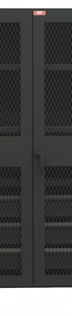 JAMCO Storage Cabinet: 36 in x 24 in x 78 in, 2 Adj Shelves, Swing Handle & Padlock Hasp, Legs (MPN HU236BL). Key specifications — Brand: JAMCO; Body Panel Type: Ventilated; Base Type: Legs; Cabinet Color: Black; Frame Assembled: Assembled.