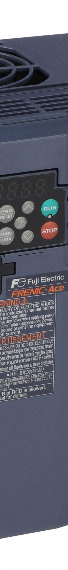 FUJI ELECTRIC Variable Frequency Drive: In Phase Three, Out Phase Three, 10 hp, No Bypass, Heat Sink (MPN FRN0030E2S-2GB). Key specifications — Style: Heat Sink; Color: Black/Blue/Gray; Output Phase: Three.