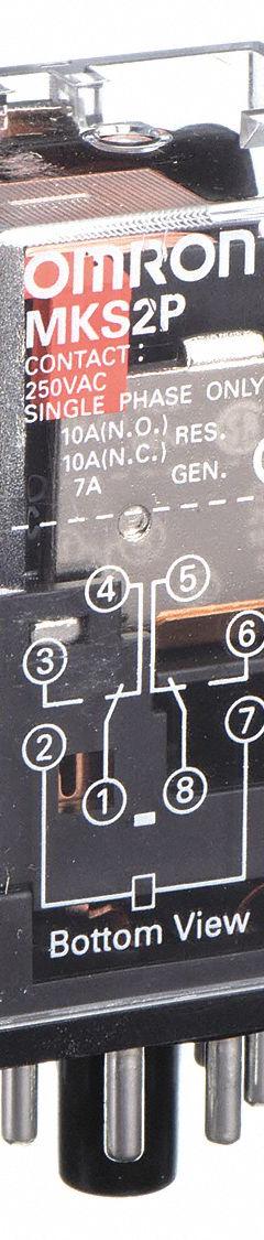 OMRON General Purpose Relay: Socket Mounted, 10 A Current Rating, 24V DC, DPDT, 8 Pins/Terminals (MPN MKS2PDC24). Key specifications — Brand: OMRON; Base Type: Octal; Mounting Style: Plug-In; Pin Shape: Round; Electrical Connection: Plug-In; Manufacturer Part Number: MKS2PDC24; Operating Current: 7 A at 250V AC (Inductive Load); Series: MK-S Series.