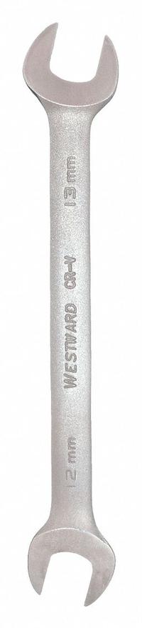 WESTWARD Open End Wrench: Alloy Steel, Satin, 12 mm_13 mm Head Size, 6 1/2 in Overall Lg, Std (MPN 1EYN4). Key specifications — attr309776: No; attr309781: Satin; attr309780: Alloy Steel; attr324939: WESTWARD.
