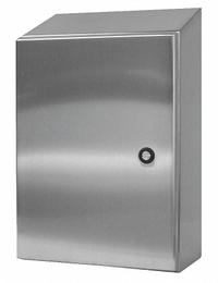 WIEGMANN Sloped Top Enclosure: 304 Stainless Steel, 20 in x 16 in x 12 in, NEMA 12/13/3R/4/4X (MPN N412201612CSSST). Key specifications — Brand: WIEGMANN; Closure Method: 1/4-Turn Latch; Enclosure Material: 304 Stainless Steel; Knockouts: Not Included.