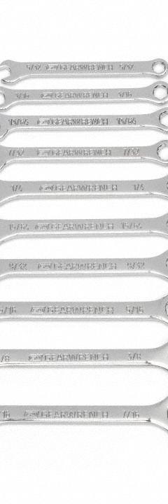 GEARWRENCH Combination Wrench Set: Alloy Steel, Full Polish Chrome, 10 Tools, 15° Head Offset Angle (MPN 86560). Key specifications — attr309520: Full Polish Chrome; attr309519: Alloy Steel; attr309509: 5/32 in to 7/16 in; attr324929: GEARWRENCH; attr309522: No; attr309533: Yes.