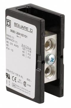 SQUARE D Power Distribution Block: Open, Lug, Lug, 4 AWG – 500 kcmil For Line Side Wire Sizes (MPN 9080LBA165212). Key specifications — attr1361688: Surface; attr1308686: SQUARE D; attr1361672: Aluminum.