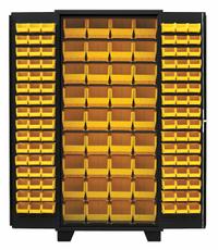JAMCO Bin Cabinet: 36 in x 24 in 78 in, 0 Shelves, 132 Bins, Yellow, Flush, 14 ga Panel, Black, Bins (MPN DZ236BL). Key specifications — Bin Color: Yellow; Bin HxWxD: (36) 7 in x 8-1/4 in x 11 in; Assembled: Assembled; Cabinet Style: Shelf and Bin; Brand: JAMCO; Cabinet Color: Black; Cabinet Finish: Powder Coated; Cabinet Material: Steel.