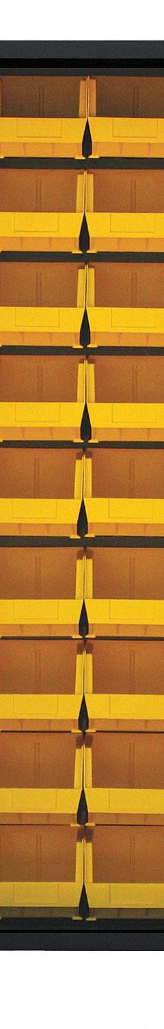 JAMCO Bin Cabinet: 36 in x 24 in 78 in, 0 Shelves, 132 Bins, Yellow, Flush, 14 ga Panel, Black, Bins (MPN DZ236BL). Key specifications — Bin Color: Yellow; Bin HxWxD: (36) 7 in x 8-1/4 in x 11 in; Assembled: Assembled; Cabinet Style: Shelf and Bin; Brand: JAMCO; Cabinet Color: Black; Cabinet Finish: Powder Coated; Cabinet Material: Steel.