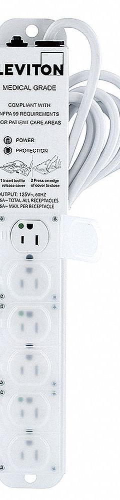 LEVITON Outlet Strip: 6 Outlets, 15 ft Cord Lg, 644 J Rated Energy, 15 A Current, White, 5-20P (MPN 5306M-1S5). Key specifications — Brand: LEVITON; Mounting Style: Screw.