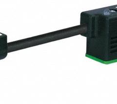 MURRELEKTRONIK Cordset: (2) DIN Form BI Female Right Angle x Bare Wire, 3 m Cable Lg, PUR, Black (MPN 7000-58101-6370300). Key specifications — Wire Size: 18 AWG; Brand: MURRELEKTRONIK; Cable Jacket Color: Black; IP Rating: IP67; DIN Connector Spacing: 100 mm.