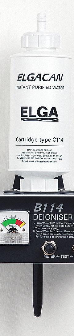 ELGA Water Purification System: Type II Water, 30 L/hr Flow Rate, Inorganics, 1-10 Megaohm, 1/2" NPT (MPN B114/A). Key specifications — Manufacturer Part Number: B114/A; Brand: ELGA; Product Type: Water Purification System; Purified Water Type: Type II Water; Feed Connection: 1/2" NPT; Feed Water Monitoring: No; Feed Source: Potable Mains Water Supply; Impurities Removed: Inorganics.