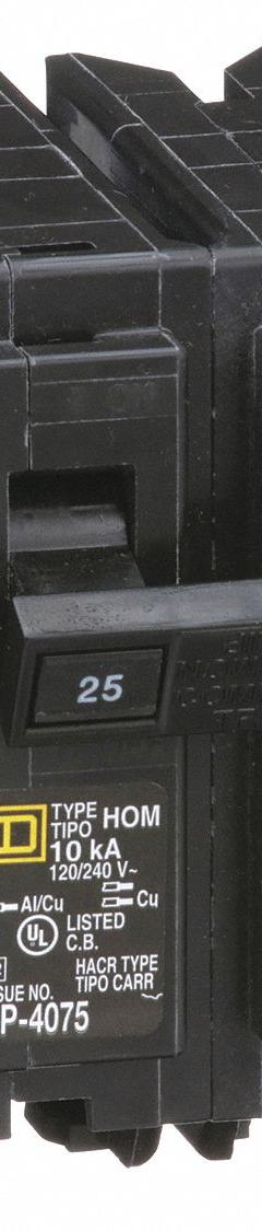 SQUARE D Miniature Circuit Breaker: 25 A, 120/240V AC, Single Phase, 10kA at 120/240V AC, 2 Poles (MPN HOM225). Key specifications — Phase: Single; Amps: 25 A; AC Voltage Rating: 120/240V AC; Max. AIR Rating: 10kA at 120/240V AC; For Use With: Homeline Load Center; Brand: SQUARE D.