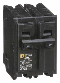 SQUARE D Miniature Circuit Breaker: 25 A, 120/240V AC, Single Phase, 10kA at 120/240V AC, 2 Poles (MPN HOM225). Key specifications — Phase: Single; Amps: 25 A; AC Voltage Rating: 120/240V AC; Max. AIR Rating: 10kA at 120/240V AC; For Use With: Homeline Load Center; Brand: SQUARE D.