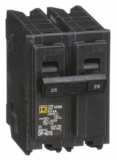 SQUARE D Miniature Circuit Breaker: 25 A, 120/240V AC, Single Phase, 10kA at 120/240V AC - HOM Series, Plug-In Square D Miniature Circuit Breakers