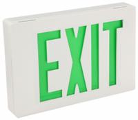 Exit Sign: Emergency Battery Backup, LED, White, Green, 2 Faces, Ceiling, Nickel Cadmium (MPN LE S W 2 G EL N). Key specifications — Voltage: 120/277 V AC; Directional Indicators: Universal Field Selectable Chevrons; Text Color: Green; Brand: LITHONIA LIGHTING; Emergency Battery Backup: Yes; Housing Color: White; Lighting Technology: LED; Self Diagnostics: No.