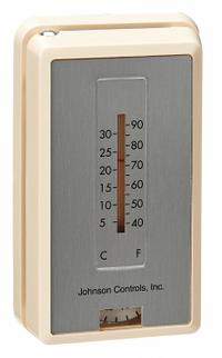 JOHNSON CONTROLS Pneumatic Thermostat: 55° to 85°F, 1 Pipe, Low Volume Pipes/Air Flow Output (MPN T-4100-2). Key specifications — Temperature Control Range: 55° to 85°F; Number of Pipes/Air Flow Output: 1 Pipe, Low Volume; Thermostat Action: Reverse; Mounting Direction/Includes Cover: Vertical, No; Brand: JOHNSON CONTROLS.