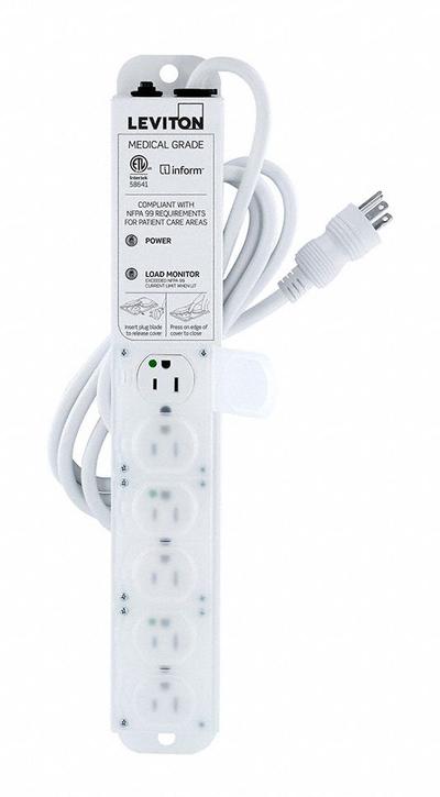 LEVITON Outlet Strip: 6 Outlets, 7 ft Cord Lg, 644 J Rated Energy, 15 A Current - Healthcare Power Strips
