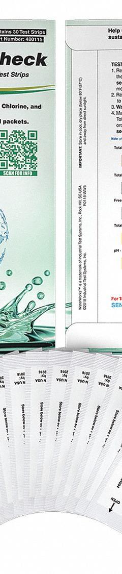 INDUSTRIAL TEST SYSTEMS Test Strips: 30 Tests, Strip (MPN 480115). Key specifications — attr1383002: 0 to 240 ppm Total Alkalinity; attr1371711: INDUSTRIAL TEST SYSTEMS; attr1371709: Total Hardness.