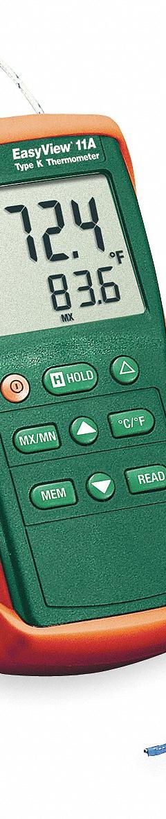 EXTECH Thermocouple Thermometer: -58°F to 1,999°F, For Type K Thermocouple Type, -58°F to 1,999°F (MPN EA11A-NIST). Key specifications — Testing Functions: Min/Max Temperature; Accuracy: ±0.3 % + 2 °F/1 °C; Brand: EXTECH.