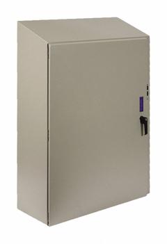 WIEGMANN Sloped Top Enclosure: Steel, 42 in x 32 in x 12 in, NEMA 12/13/3R/4, Solid Cover, Hinged (MPN N412423212CSTD). Key specifications — Brand: WIEGMANN; Knockouts: Not Included.