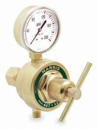 HARRIS Gas Regulator: Single Stage, 1/4" NPT F Inlet, 9/16"-18 M LH Outlet, 15 psig, Acetylene (MPN 447NC-15-1/4 L). Key specifications — Brand: HARRIS; Manufacturer Part Number: 447NC-15-1/4 L; Diaphragm Material: Neoprene; Outlet Connection: 9/16"-18 M LH; Inlet Connection: 1/4" NPT F.