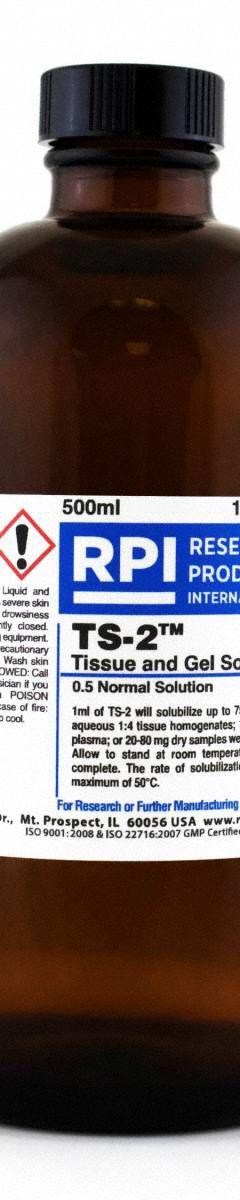 RPI TS-2 Tissue and Gel Solubilizer: Scintillation, 500 mL Volume, 67-63-0, Liquid (MPN 112001). Key specifications — attr1082023: RPI; attr1096259: 67-63-0; attr1096263: Lab; attr1096278: Liquid.