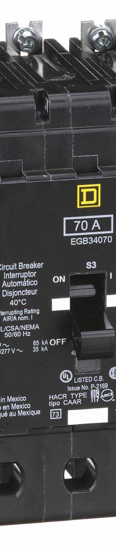 SQUARE D Miniature Circuit Breaker: 70 A, 277/480V AC, Three Phase, 35kA at 277/488V AC, 3 Poles (MPN EGB34070). Key specifications — Phase: Three; Amps: 70 A; AC Voltage Rating: 277/480V AC; Max. AIR Rating: 35kA at 277/488V AC; For Use With: Square D NF Panelboards; Brand: SQUARE D.