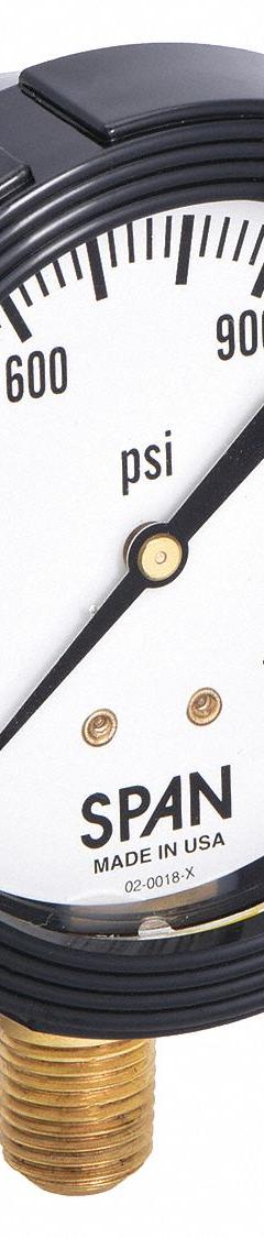 SPAN Pressure Gauge with Internal Seal: 0 psi to 1,500 psi, LFS-210, 2 1/2 in Dial, Buna-N, Brass, 4 (MPN LFS-210-1500-G-KEMX). Key specifications — Brand: SPAN; Gauge Case Liquid: Glycerin; Seal Fill Liquid: Instrument Oil; Seal Lower Housing Material: Brass; Accuracy: ±1.00%; Pressure Range: 0 psi to 1,500 psi; Gauge Wetted Parts: Brass / Copper.