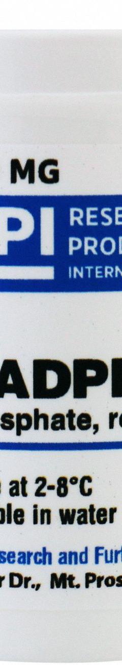 RPI NADPH (B-Nicotinamide adenine dinucleotide phosphate, Reduced Form, tetrasodium Salt) (MPN N20140-0.5). Key specifications — Form: Powder; Special Information: BSE/TSE Free; Brand: RPI; Chemical Grade: Lab; Container Material: Plastic.