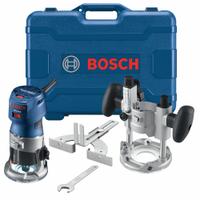 BOSCH Router: Compact, Fixed and Plunge Base, 1.25 hp, Variable Speed, 35,000 RPM, 1/4 in Collet (MPN GKF125CEPK). Key specifications — attr326433: Soft-Start; attr241172: Router; attr217717: 120V AC; attr217680: BOSCH.