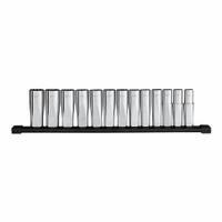 MILWAUKEE Deep Well Socket Set Metric 12pt: 1/2 in Drive Size, Small Set (0-50 pieces) Set Size (MPN 48-22-9524). Key specifications — attr1204251: MILWAUKEE; attr1215453: 1/2 in; attr1215454: 12 mm to 24 mm; attr1224229: Friction.