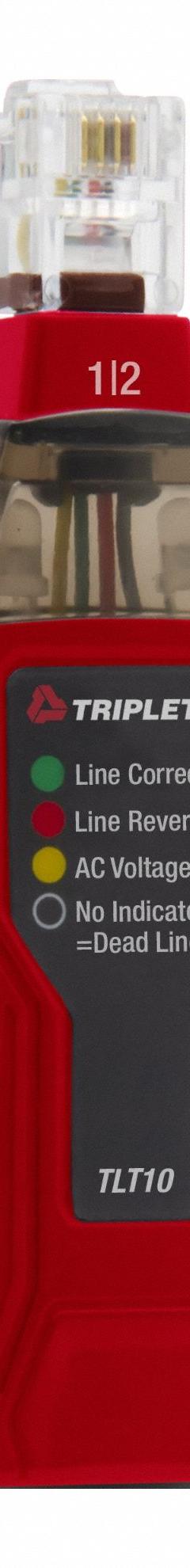 TRIPLETT Telephone Line Tester: Base Model, TLT10, Modular phone jacks, RJ11, Wire Mapping, Analog. Key specifications — Manufacturer Part Number: TLT10; Alert Type: Light; Data Safe Monitor: No; Digital Memory Capacity: None; Display Screen Type: LED; Display Type: Analog; For Use With: Modular phone jacks; Includes Software: No.
