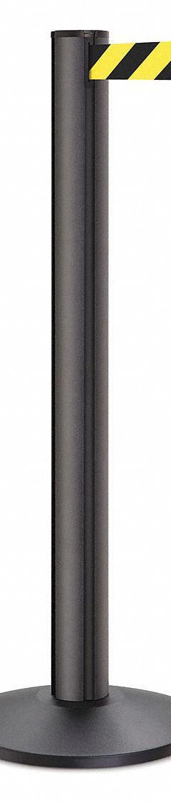 LAVI Barrier Post with Belt: Black/Yellow, Diagonal Stripe, No Legend, 15 ft Belt Lg, Black (MPN 50-3100A/WB/SF). Key specifications — Base Material: Steel; Belt Color: Black/Yellow; Brand: LAVI; Post Material: Aluminum; Post Color: Black; Message: No Legend.