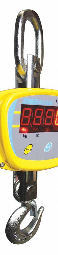 ADAM EQUIPMENT Crane Scale: 1,000 lb Wt Capacity - Imperial, 0.1 kg/0.2 lb, CE/FCC/UL, Digital (MPN LHS 1000A). Key specifications — Readability: 0.1 kg; Standards: FCC; Indicator Attachment: Wireless Remote; Includes: Remote Control; Housing Material: Aluminum; Manufacturer Part Number: LHS 1000A; Brand: ADAM EQUIPMENT; Weighing Units: kg.