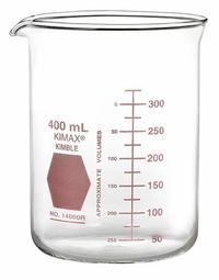 KIMBLE Colorware Beaker: 100 mL, 3.38 fl oz, A, Low Form, Type I, Red, Borosilicate Glass (MPN 14000R-100). Key specifications — attr1371034: Type I; attr1371051: KIMBLE; attr1371062: Red.