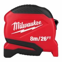 MILWAUKEE Compact Tape Measure: Nonmagnetic Single Hook Tip, 26 ft / 8 m, Plastic, Black/Red (MPN 48-22-1726). Key specifications — attr935324: MILWAUKEE; attr942259: Red; attr935326: Finger Brake; attr935328: 1/16 in; attr935329: Inches; attr935337: Metric/SAE; attr936607: Manual Lock; attr985315: Greater than 5 m.