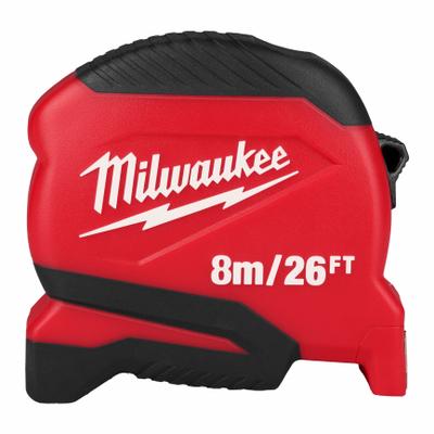 MILWAUKEE Compact Tape Measure: Nonmagnetic Single Hook Tip, 26 ft / 8 m, Plastic - Standard (Inch) Tape Measures