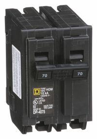 SQUARE D Miniature Circuit Breaker: 70 A, 120/240V AC, Single Phase, 10kA at 120/240V AC, 2 Poles (MPN HOM270). Key specifications — Phase: Single; Amps: 70 A; AC Voltage Rating: 120/240V AC; Max. AIR Rating: 10kA at 120/240V AC; For Use With: Homeline Load Center; Brand: SQUARE D.