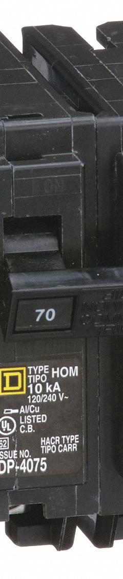 SQUARE D Miniature Circuit Breaker: 70 A, 120/240V AC, Single Phase, 10kA at 120/240V AC, 2 Poles (MPN HOM270). Key specifications — Phase: Single; Amps: 70 A; AC Voltage Rating: 120/240V AC; Max. AIR Rating: 10kA at 120/240V AC; For Use With: Homeline Load Center; Brand: SQUARE D.
