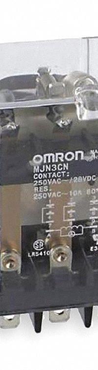 OMRON General Purpose Relay: Socket Mounted, 10 A Current Rating, 24V DC, 3PDT, 11 Pins/Terminals (MPN MJN3C-N-DC24). Key specifications — Brand: OMRON; Base Type: Square; Mounting Style: Plug-In; Pin Shape: Flat; Electrical Connection: Quick-Connect; Manufacturer Part Number: MJN3C-N-DC24; Series: MJN Series.