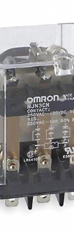 OMRON General Purpose Relay: Socket Mounted, 10 A Current Rating, 24V DC, 3PDT, 11 Pins/Terminals (MPN MJN3C-N-DC24). Key specifications — Brand: OMRON; Base Type: Square; Mounting Style: Plug-In; Pin Shape: Flat; Electrical Connection: Quick-Connect; Manufacturer Part Number: MJN3C-N-DC24; Series: MJN Series.