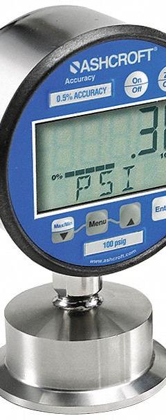 ASHCROFT Digital Pressure Gauge: 0 psi to 7 psi, 3 in Dial, 2 in Tri-Clamp, Bottom, ±0.25% Accuracy (MPN 302132SD20L7BRXBKBLCYLMC4). Key specifications — attr1107294: ASHCROFT; attr1107160: 4-20 mA Loop Powered; attr1107167: Stainless Steel; attr1107168: Polyester; attr1107165: Digital Sanitary Pressure Gauge; attr1107218: ±0.25%; attr1107231: NIST with Data; attr1107233: 2030.