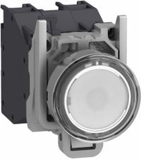 SCHNEIDER ELECTRIC Illuminated Push Button: 22 mm, Metallic, Flush Profile, 1NO (MPN XB4BP183BM5GEX). Key specifications — Manufacturer Part Number: XB4BP183BM5GEX; Product Type: Push Button Operators; Series: XB4; Brand: SCHNEIDER; AC Contact Rating: 1.5 A @ 480 V; Action: Momentary; DC Contact Rating: 0.1 A @ 600 V; Operator Illumination: Illuminated.