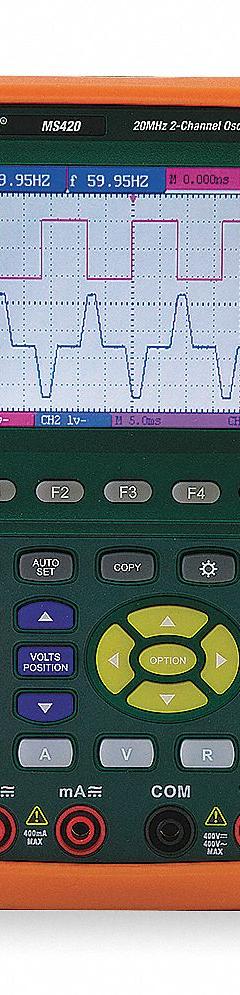 EXTECH Handheld Digital Oscilloscope: Portable Handheld Digital Oscilloscopes, Fully Isolated, USB (MPN MS420). Key specifications — Power Source: AC Adapter; Manufacturer Part Number: MS420; AC Magnitude Calculation: True RMS; Basic AC Current Accuracy: ±1.50% ±3 Digits; ±2% ±1 Digits; ±5% ±3 Digits; Basic AC Voltage Accuracy: ±1% ±3 Digits; Basic DC Current Accuracy: ±1.50% ±1 Digits.