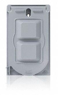 LEVITON Weatherproof Cover: Aluminum, GFCI, 1 Gangs, 4 5/8 in Overall Ht, 2 7/8 in Overall Wd, 3R (MPN WM1V-GY). Key specifications — Brand: LEVITON; Color: Gray; Compatible with Product Type: Flat Lids; Compatible with Series: GFCI; Mounting Orientation: Vertical.