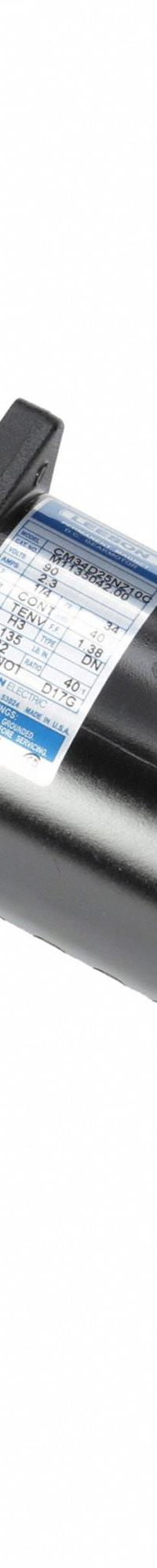 LEESON DC Gearmotor: Right Angle, Left Hand, 90V DC, TENV, 62 RPM, 135 in-lb Max Torque, 40:1, 2.3 A (MPN M1135042.00). Key specifications — Motor Type: Permanent Magnet DC; Brand: LEESON; Full Load Current: 2.3 A.