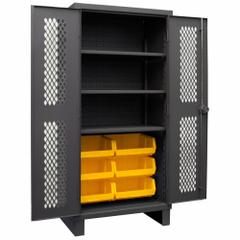 DURHAM MFG Bin Cabinet: 48 in x 24 in 78 in, 3 Shelves, 6 Bins, Yellow, Ventilated, 12 ga Panel (MPN HDCV36-6B-3S95). Key specifications — Bin Color: Yellow; Bin HxWxD: (6) 16 in x 15 in x 7 in; Assembled: Assembled; Cabinet Style: Shelf and Bin; Brand: DURHAM MFG; Cabinet Color: Gray; Cabinet Finish: Powder Coated; Cabinet Material: Steel.