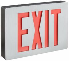Exit Sign: Emergency Battery Backup, LED, Black, Red, 1 Faces, Ceiling, Nickel Cadmium, 120/277 V AC (MPN LE S 1 R EL N SD). Key specifications — Voltage: 120/277 V AC; Directional Indicators: Universal Field Selectable Chevrons; Text Color: Red; Brand: LITHONIA LIGHTING; Emergency Battery Backup: Yes; Housing Color: Black; Lighting Technology: LED; Self Diagnostics: Yes.