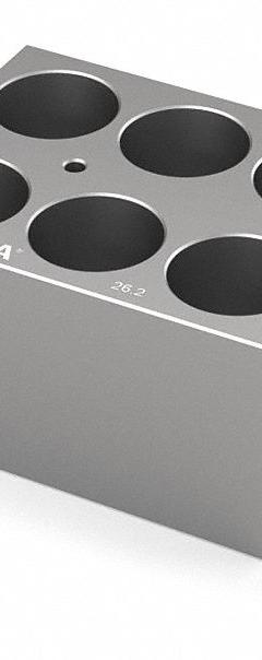 IKA Dry Block: Anodized Aluminum, 3 3/4 in Overall Wd, 3 in Overall Lg, 6 Wells, 26 1/4 mm Well Dia (MPN 4469200). Key specifications — Product Type: Dry Block Heater; Includes Thermometer Well: Yes; Material: Anodized Aluminum; Brand: IKA.